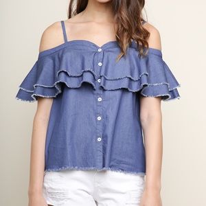NWT Denim Chambray Cold Shoulder Ruffle Top